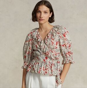 Polo by Ralph Lauren Ruffled Floral Cotton Wrap Top